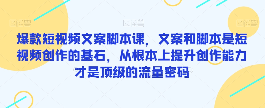 爆款短视频文案脚本课，文案和脚本是短视频创作的基石，从根本上提升创作能力才是顶级的流量密码- 副业 - 兼职-冷颜学社